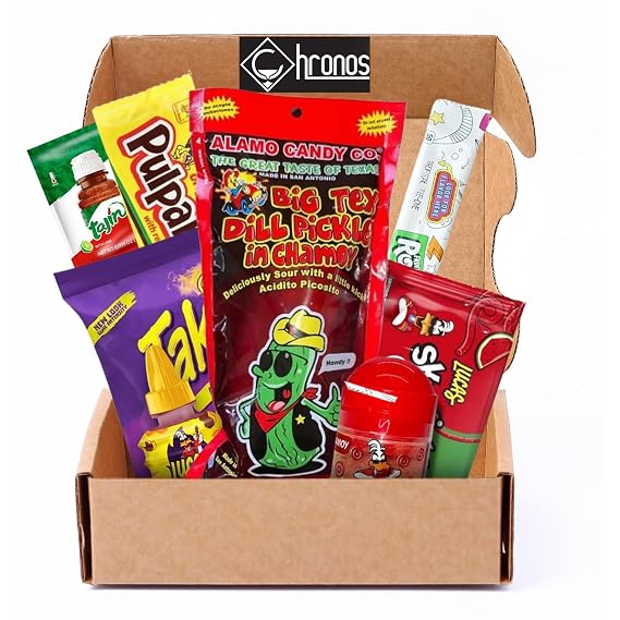 Chronos Chamoy Pickle Gift Kit 9 Piece Sweet, Sour & Spicy Candy Snack Set with Pickle, Chamoy, Tamarind Candy, Chili Lime Seasoning, Fruit Snack, Spicy Chips & Magnet