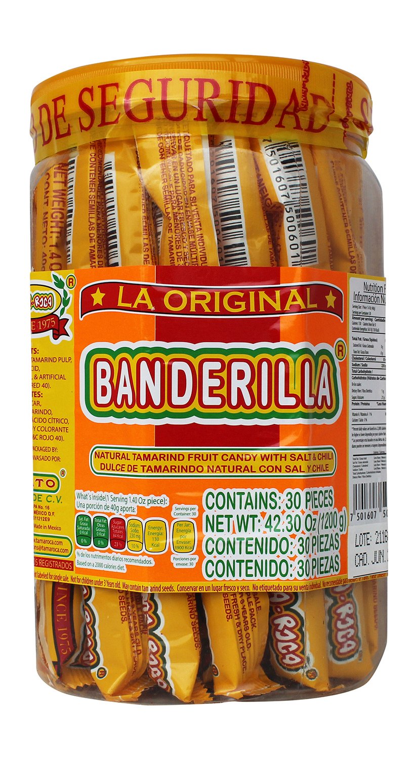 Banderilla Tama-Roca Tamarindo Mexican Candy Sticks. Contains 30 Pieces of Spicy Tamarind Candy With Salt And Chili
