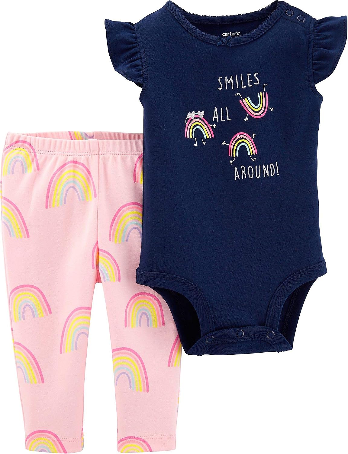 Carters Infant Baby Girls Navy Blue Smiles All Around Bodysuit & Pink Rainbow Legging