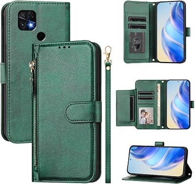 Compatible with Xiaomi Poco C40 4G case,Compatible with Redmi 10C 4G  10 India 4G Magnetic Closure Flip Stand Card Slot Wallet Zipper Lanyard Phone Case Cover PT12 Green