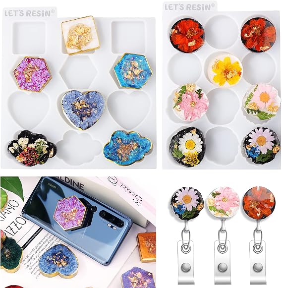 LET'S RESIN 2-in-1 Resin Mold Kit - 24 Badge Reel & Phone Grip Molds for DIY Resin Keychain