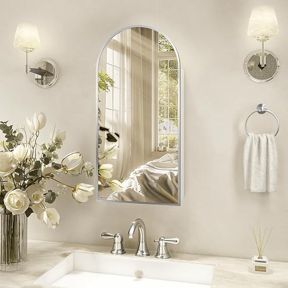 Silver Medicine Cabinet with Mirror,Arched Bathroom Cabinet Left or Right Opening,Wall Mounted Medicine Cabinet,Bathroom Vanity Mirror with Storage,Adjustable Shelves, Not Recessed,16x30 inch