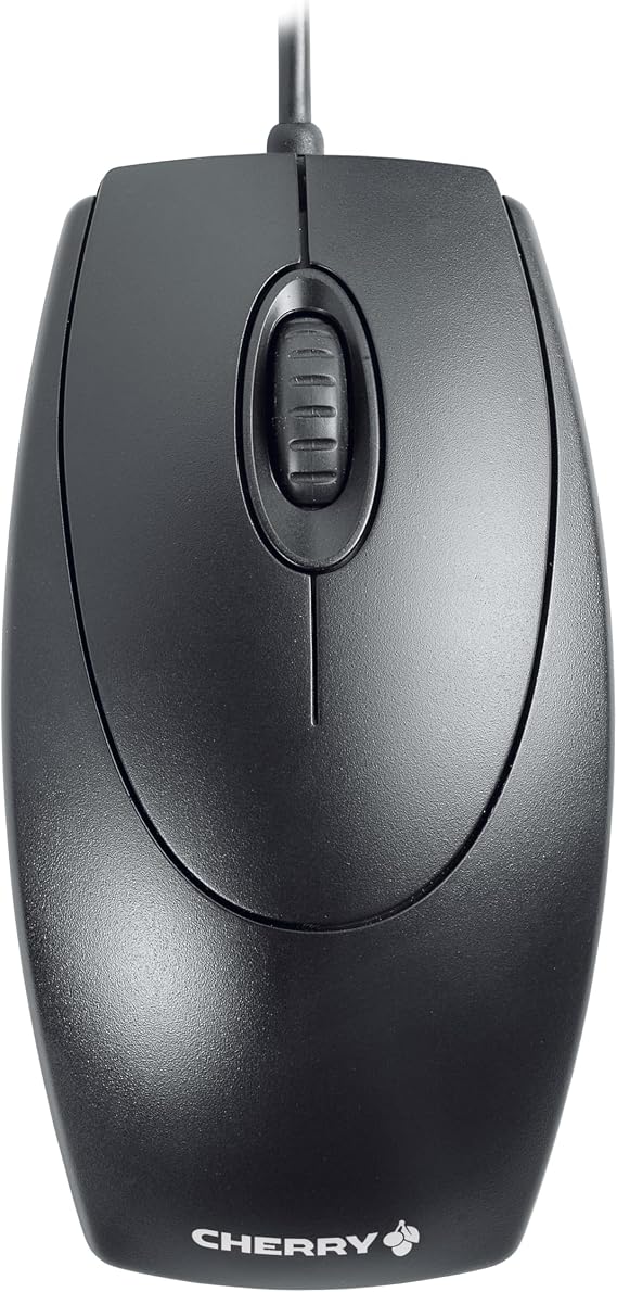 Cherry WheelMouse, Wired Mouse, Retro Style, Symmetrical Design for Right- and Left-Handed Users, Optical Sensor, USB-A (PS/2 Adapter Included), Black