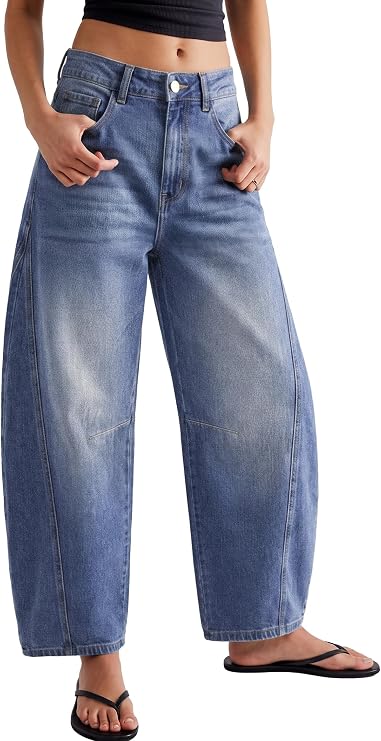 IWD Women's Mid Rise Barrel Jeans Cropped Denim Y2K Style