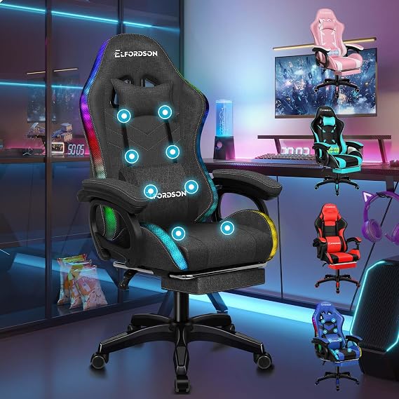 ELFORDSON LED Gaming Chair with 8-POINT Massage, Swivel Office Chair with Head Pillow Lumbar Support, Ergonomic Desk Chair with Armrests Footrest for