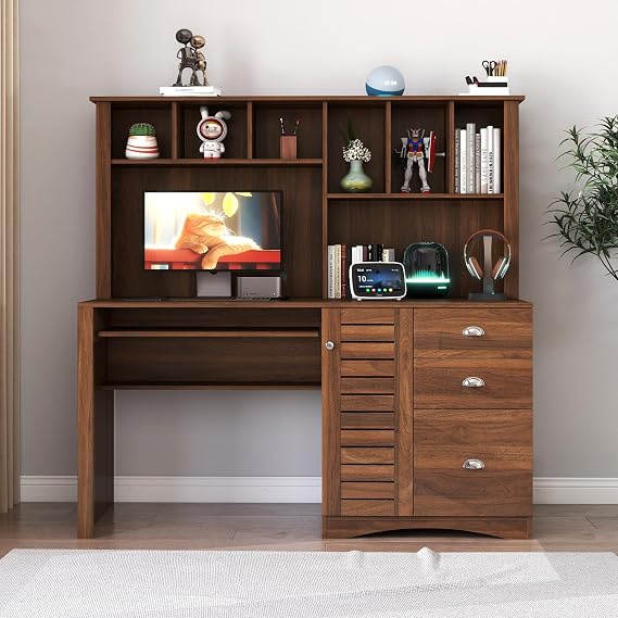 59.06" Walnut Home Office Computer Desk with Hutch - Particle Board + MDF, Ample Storage & Large Working Space