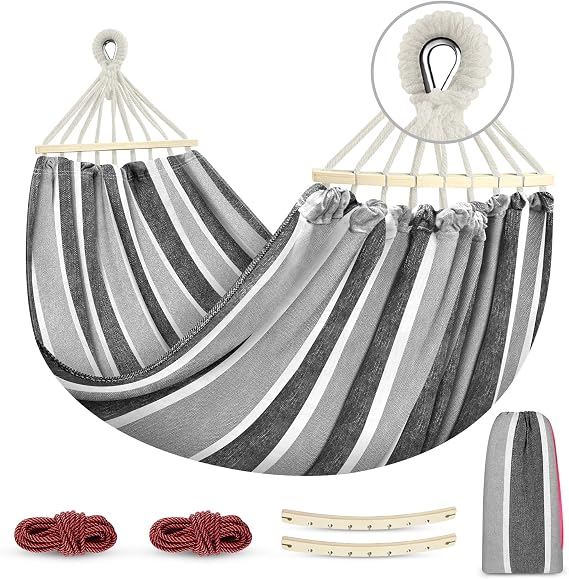MOSFiATA Hammocks Portable Camping Hammock Upgraded 550lb Comfortable Fabric Hammock with Two Anti Roll Balance Beam and Sturdy Tree Straps for Camping, Patio, Backyard, Outdoor(Grey)