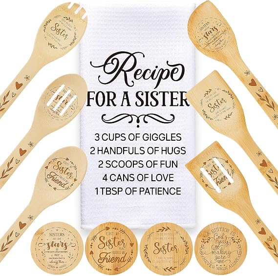 Sister Gifts from Sister,Sister Birthday Gifts for Sister in Law Gifts,11PCS Sister Gifts Set with Bamboo Spoons,Coasters,Dish Towel,Soul Sister Gifts for Women BFF