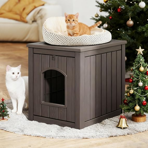 KAMABOKO Outdoor Cat House Weatherproof Plastic Cat Shelter for Indoor & Outdoor, Durable All-Season Pet House, Gray
