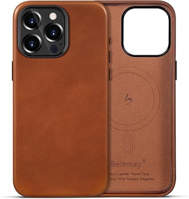 Belemay for iPhone 13 Pro Leather Case Compatible with MagSafe, Full-Grain Vegetable-Tanned Leather, Metal Buttons & Camera Bezel - Slim Fit&Sleek- Luxury Phone Cover 6.1-inch-Saddle Brown