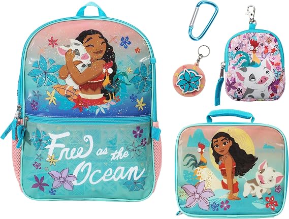 BIOWORLD Girls Moana Tropica Kids 5-Piece School Backpack (Little Kid/Big Kid) Blue One Size