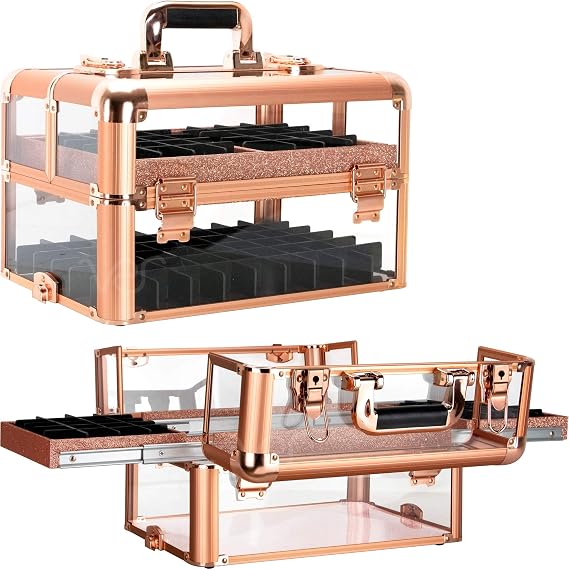Ver Beauty DVP014-145 Rose Gold Acrylic Cosmetic Train Case | Armored Slide-Out Tray Makeup Organizer with Foundation Holder | Professional Nail, Tattoo, Craft Storage Toolbox for Artists and Stylists