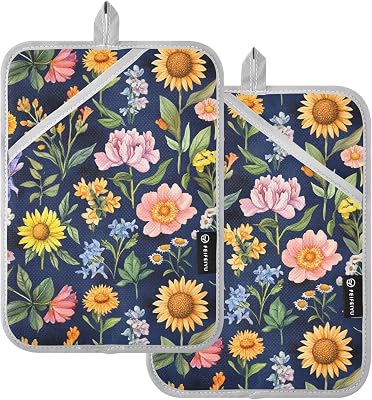 Kitchen Pot Holders Heat Resistant Spring Flowers Sunflower Iris Navy Blue Potholders for Kitchens with Pocket Hot Pot Holder Oven Mitts 2 Pack