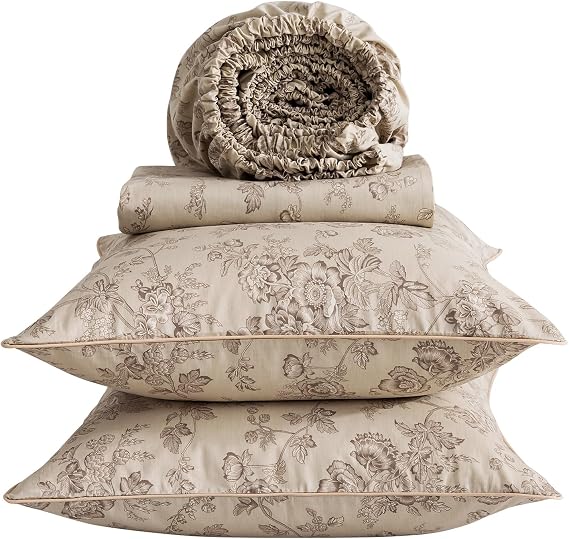 Vintage Beige Floral Percale Bed Sheets Queen Size, Deep Pocket | 100% Cotton Shabby Chic Toile Sheet Set, Neutral Patterned Farmhouse Sheets, French Country Bedding, Brown Flower, Soft, 4Pcs