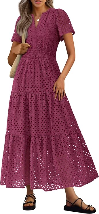 PRETTYGARDEN Women's Summer Hollow Out Eyelet Maxi Dress