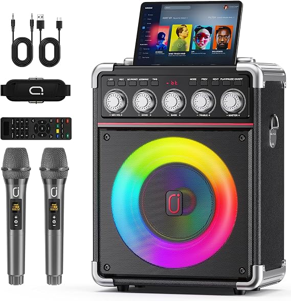 Karaoke Machine for Adults with Bass/Treble/Echo Adjustment, 100W PA System | 2 Wireless Microphones, Bluetooth 5.3, Suitcase Design, 24H Playtime, TV Connection, TWS Stereo and Live Performance Support