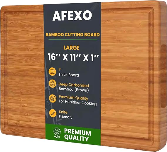 Bamboo Cutting Board for kitchen. 1'' Extra Thick Wood Chopping Board with deep Juice Groove and inner handle. Charcuterie & Butcher block- (16"x11"x1")