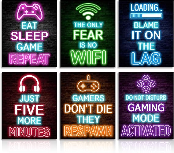 Dazzlewall 6Pcs Game Wall Art Poster Video Gamer Room Decor, Neon Gaming Poster for Teenage Boy Room Decor 8x10 in Unframed
