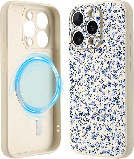 Case for iPhone 14 6.1", Cute Blue Flowers Phone Case, Compatible with MagSafe, Silky-Soft Touch Liquid Silicone Phone Cover with Camera Lens Full Protection