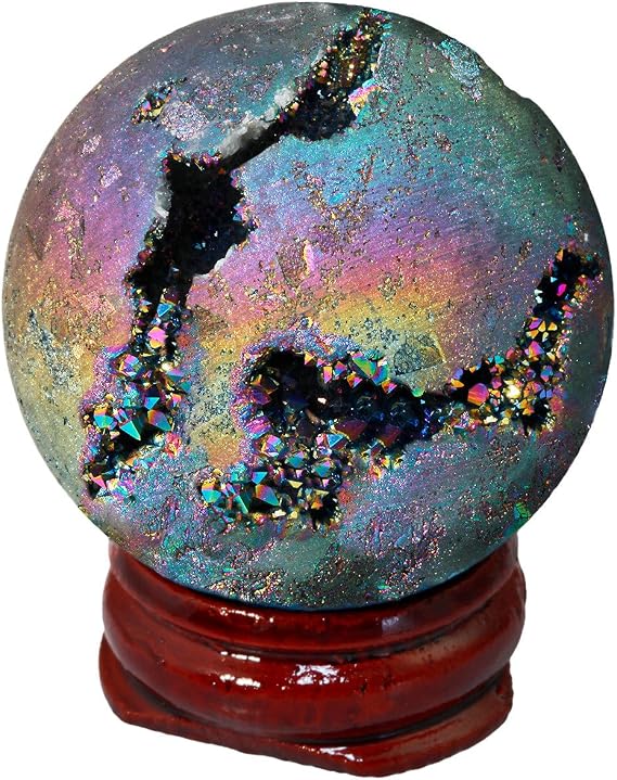 40mm Titanium Coated Agate Geode Crystal Sphere with Wooden Stand