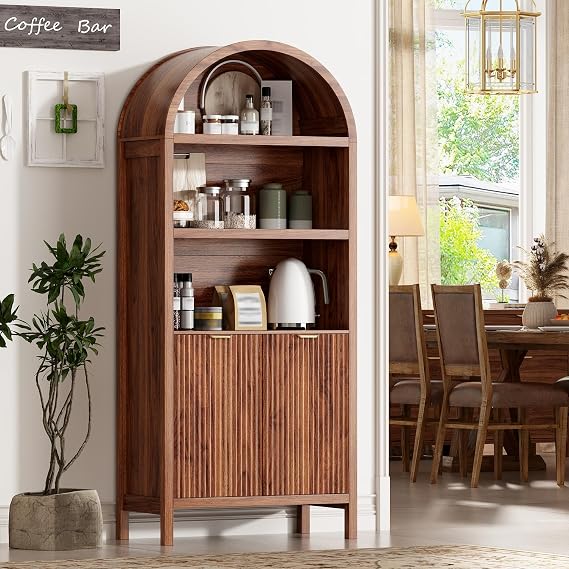 Ieejdn 71" Tall Arched Kitchen Pantry,Modern Fluted Wood Storage Cabinet with Doors,Adjustable Shelves,Organizer, Versatile Cupboard for Kitchen,Living Room,Dining Room,Bathroom,Walnut3