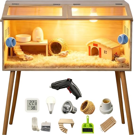 32"x16"x16" Brooder Box for Chicks, with 20In Legs Heat Lamp and Thermometer, Feeder, Waterer Toys Set for Chicks, Lizard, Parrot, Hamster, Quail, Hedgehog Cage 
