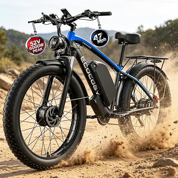 6000W Peak Dual Motor Electric Bike for Adults, 24"/26" Fat Tire Ebikes 52V 32AH, Fast 45 MPH, 100 Miles Long Range, Hydraulic Brake, Pedal Assist Electric Bicycle for Off-Road Mountain Snow Commute