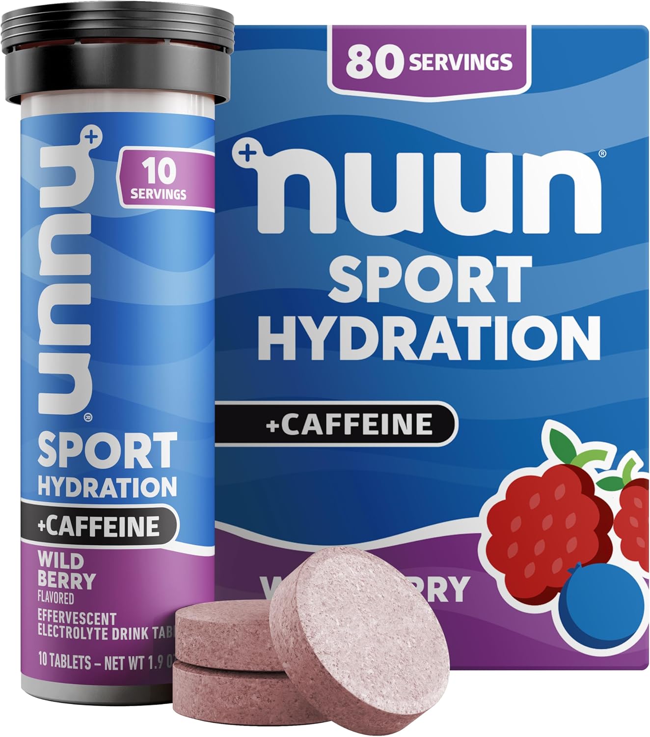 Nuun Sport Electrolyte Tablets with Caffeine from Green Tea Extract, Magnesium, Calcium, Potassium, Chloride & Sodium, Gluten Free & Vegan, Wild Berry, 8 Pack 80 Servings Total