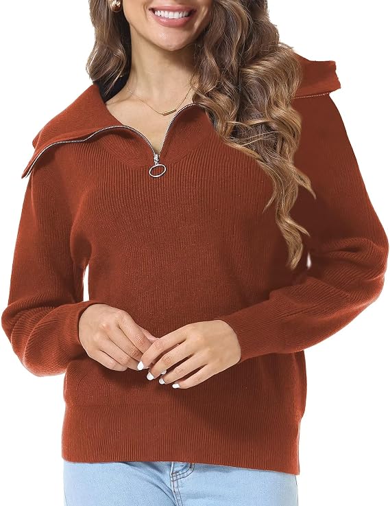 Womens Half Zip Sweaters V-Neck Collar Ribbed Knitted Slouchy Pullover Tops