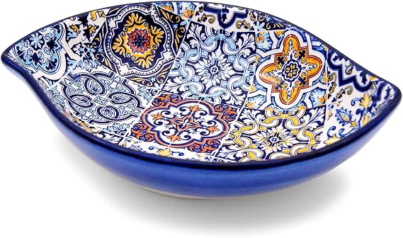 Portuguese Pottery Alcobaca Ceramic Side Dish Serving Bowl - Set of 2, Blue, 8 inch x 5.5 inch x 1.75 inch