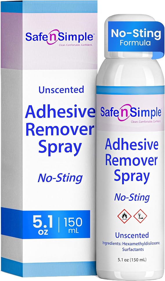 Safe n Simple Medical Adhesive Remover Spray for Skin - 5.1 Fl Oz No Sting Alcohol Free Ostomy Adhesive Remover - Gentle Medical Adhesive Removal Spray for Stoma, Urostomy, Ileostomy & Colostomy Care
