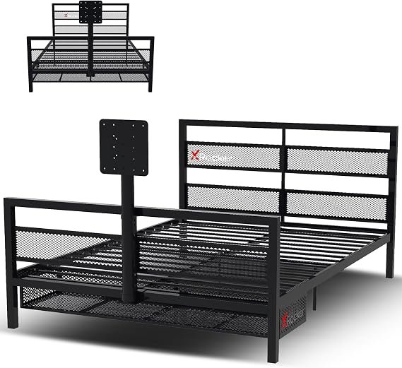 X Rocker Basecamp Full Size Gaming Bed, Rotating TV Mount with Vented Console Storage, Metal Mesh Frame with Slats, Black