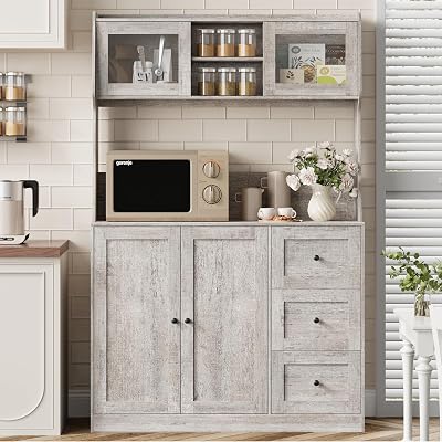 Kitchen Pantry Cabinet with Storage, Buffet Cabinet with Countertop for Microwave Stand, Tall Sideboard Storage Hutch Cabinets with LED, 3 Drawers & Adjustable Shelves for Dining Room, Grey
