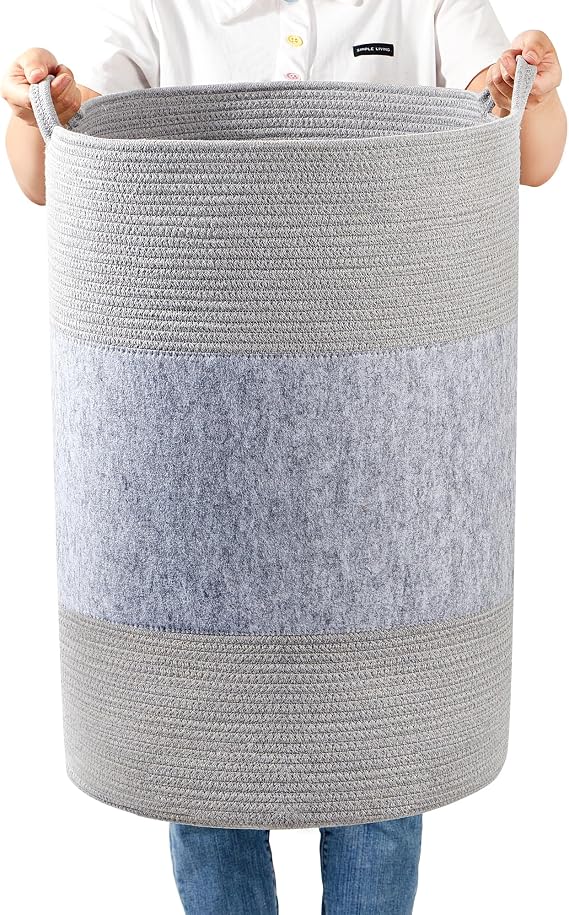 90L Jumbo Laundry Hamper,17" x 17" x 24" Extra Large Woven Laundry Basket for Blanket Storage, Tall Baby Nursery Hamper for Toys in Bedroom,Living Room Grey