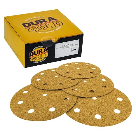 Dura-Gold 5" Gold Sanding Discs, 60 Grit, Box of 50, 9 Hole Pattern, H & L