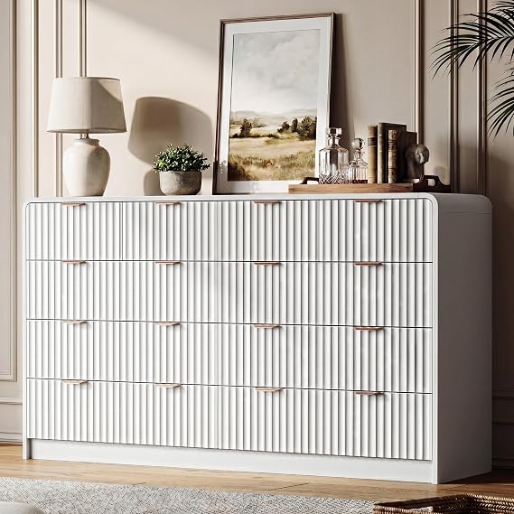 HOUROM 55 Wide White Fluted Dresser for Bedroom with 10 Drawers