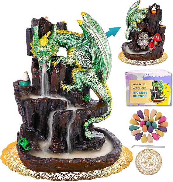 Dragon Backflow 2 Sided Mountain Waterfall Incense Burner,Fountain Smoke Incense Holder with Backflow Incense Cones, Tweezers, Mat,Resin Aromatherapy Meditation (Green)