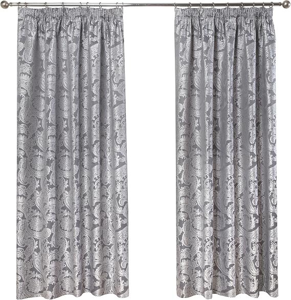 Emma Barclay Duchess Pencil Pleat Curtains - Lined Woven Damask Tape Top Curtains for Bedroom & Living Room - Softens Daylight & Adds Privacy (Silver, W 90" x L 90" (2 Panels))