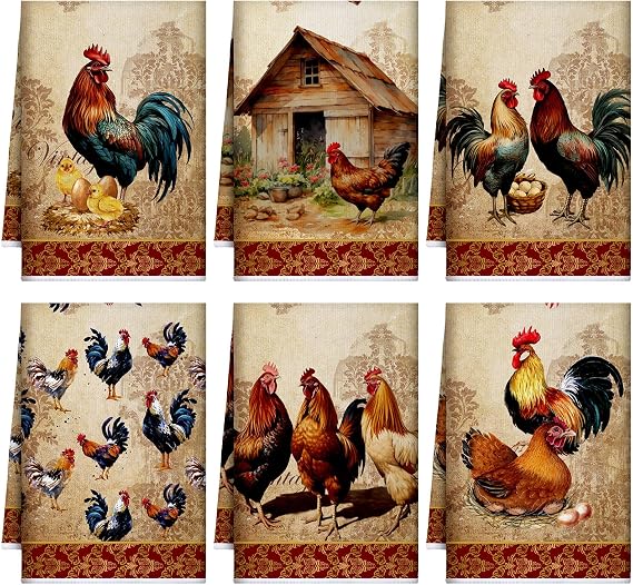6 Pcs Farmhouse Kitchen Towels Chicken Rooster Kitchen Decor Farm Animal Hand Towels for Cooking Baking Housewarming Gift,15.75 x 23.62 inch(Golden Brown,Rooster)