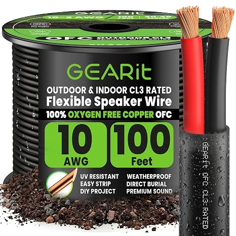 GEARit Outdoor Speaker Wire CL3 Rated, 10 Gauge Speaker Wire, Speaker Cable 100 ft for Outdoor Speakers, Patio, Garden, Backyard Audio, Direct Burial in Ground/in Wall, OFC (Black, 2-Conductors)