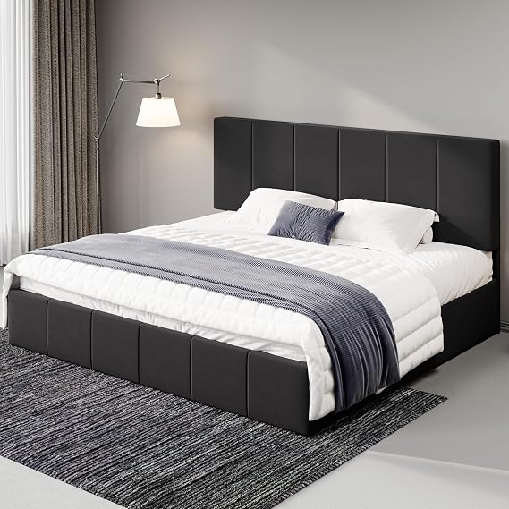Allewie King Size Dutch Velvet Upholstered Platform Bed Frame, Black