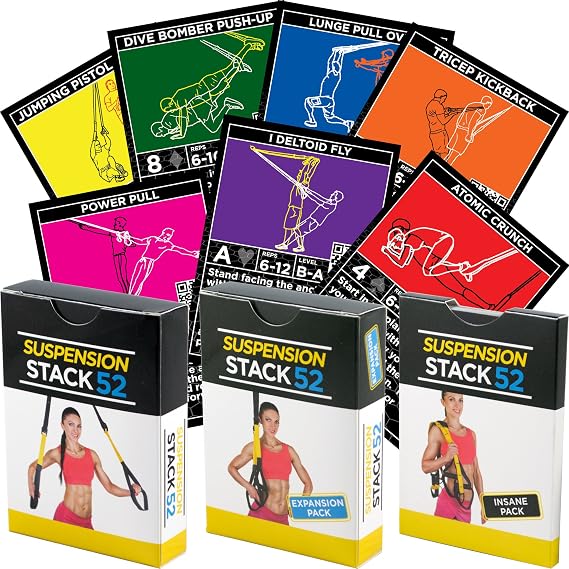 Stack 52 Suspension Exercise Cards TRI Pack. Compatible with All Suspension Trainers. Suspended Bodyweight Resistance Workout Game. Video Instructions Included. Fun at Home Fitness Training Program.