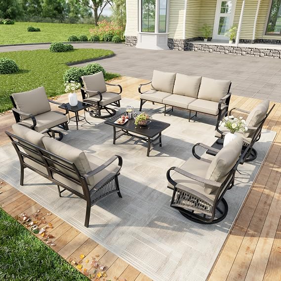 9-Piece Outdoor Patio Conversation Sets, Rope Outdoor Furniture Set Metal 3-Seater Couch, 4 Swivel Rockers with 2 Side Tables, Loveseat Sofa with Coffee Table for Backyard Deck Porch Poolside, Beige