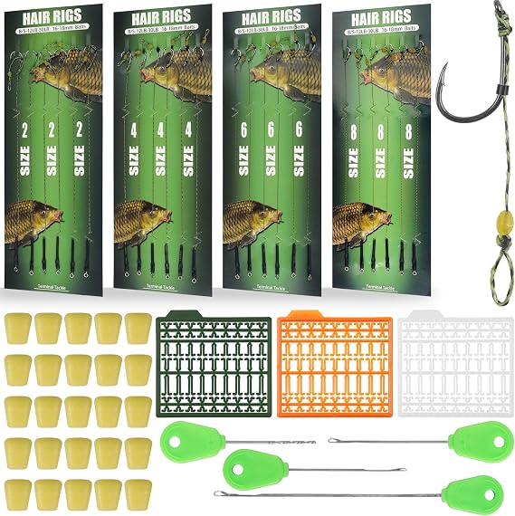 Carp Fishing Hair Rigs Kit,Boilies Fishing Bait Rig Curved Barbed Carp Hook Swivel Braided Thread Line with Corn Bait Stopper Needle Tool Carp Fishing Equipment Accessories
