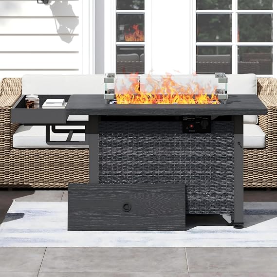52 Inch Wicker Patio Fire Table, 50,000BTU Propane Fire Pit Table with Glass Wind Guard, Side Basket, Cover, CSA Certified, Outdoor Fire Pit for Garden, Backyard, Balcony, Poolside, Grey