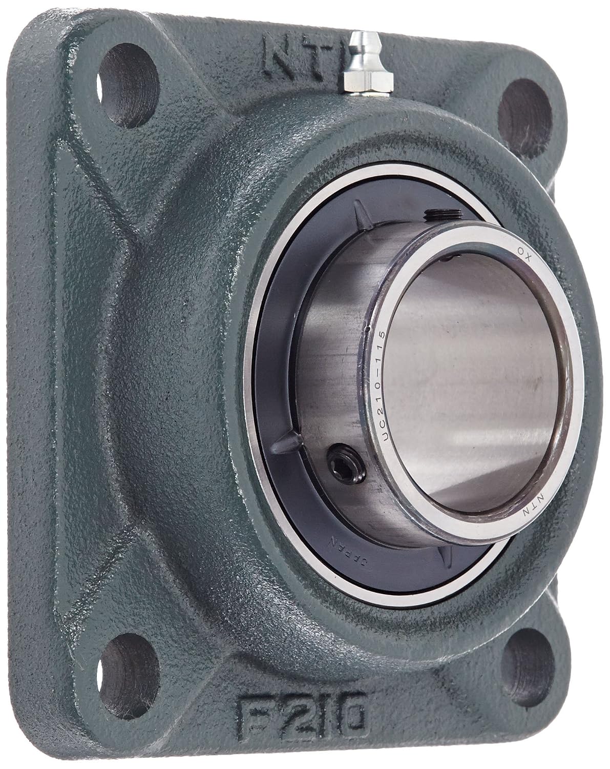 NTN UCF210-115D1 Light Duty Flange Bearing, 4 Bolts, Setscrew Lock, Regreasable, Contact and Flinger Seals, Cast Iron, 1-1516 Bore, 4-38 Bolt Hole Spacing Width, 5-58 Height
