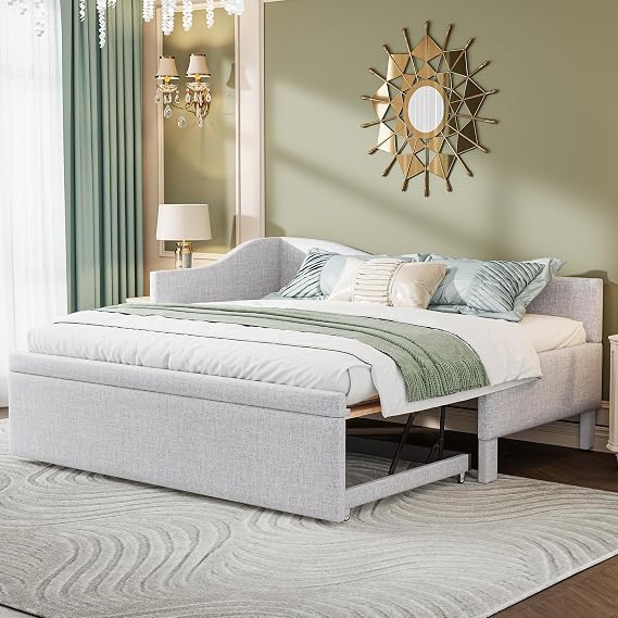 Twin Upholstered L-Shaped Daybed with Pop-Up Trundle - Space-Saving Lounge Bed with Backrest, Modern Sleeper Sofa for Studio Apartments & Guest Rooms (Beige)