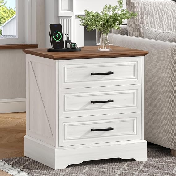 Akxomel Farmhouse Nightstand Side Table with Charging Station White Bedroom | 3 Large Drawers Side End Table with Stable Support Base & Bar Handles, 15.7"D x 22"W x 24.2"H, for Bedroom