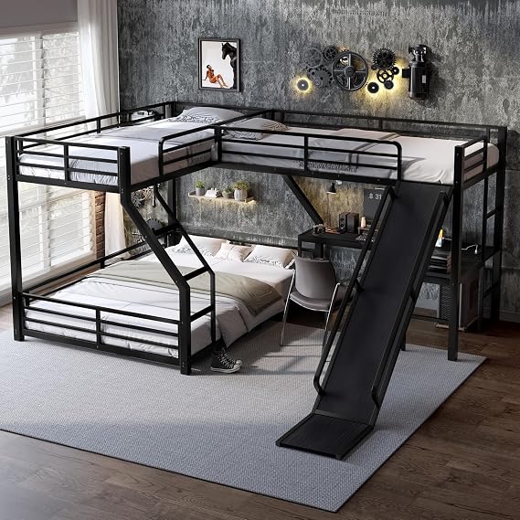 Twin XL over Queen L-Shaped Bunk Bed with Slide and Loft Bed, Black