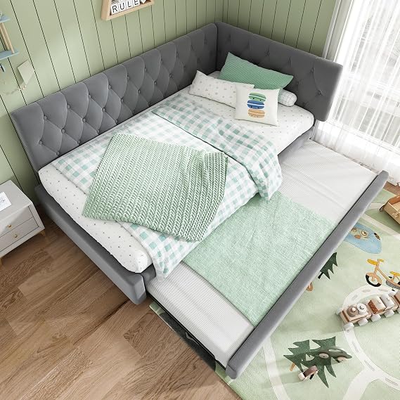 Su & Chan Legence Single Day Bed with Pull Out Trundle, 3ft Upholstered Trundle Bed with Slatted Frame, L Shaped Corner Sofa Bed for Adults and Kids, No Mattress, 90x190cm, Velvet, Grey